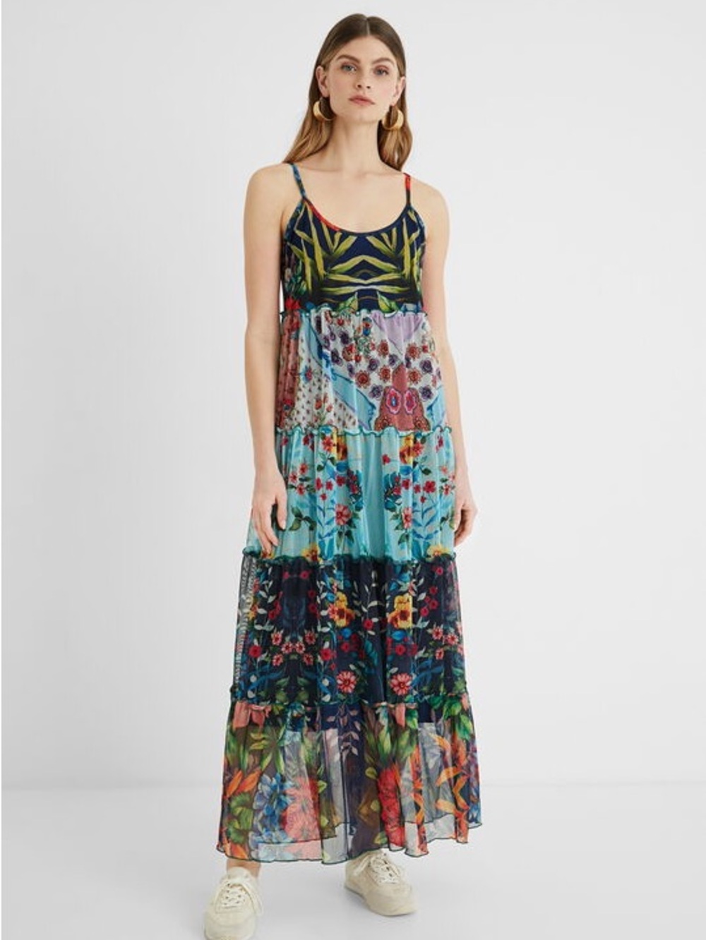 Desigual Long Flared Dress Floral Patch Mesh Tiered Size Medium